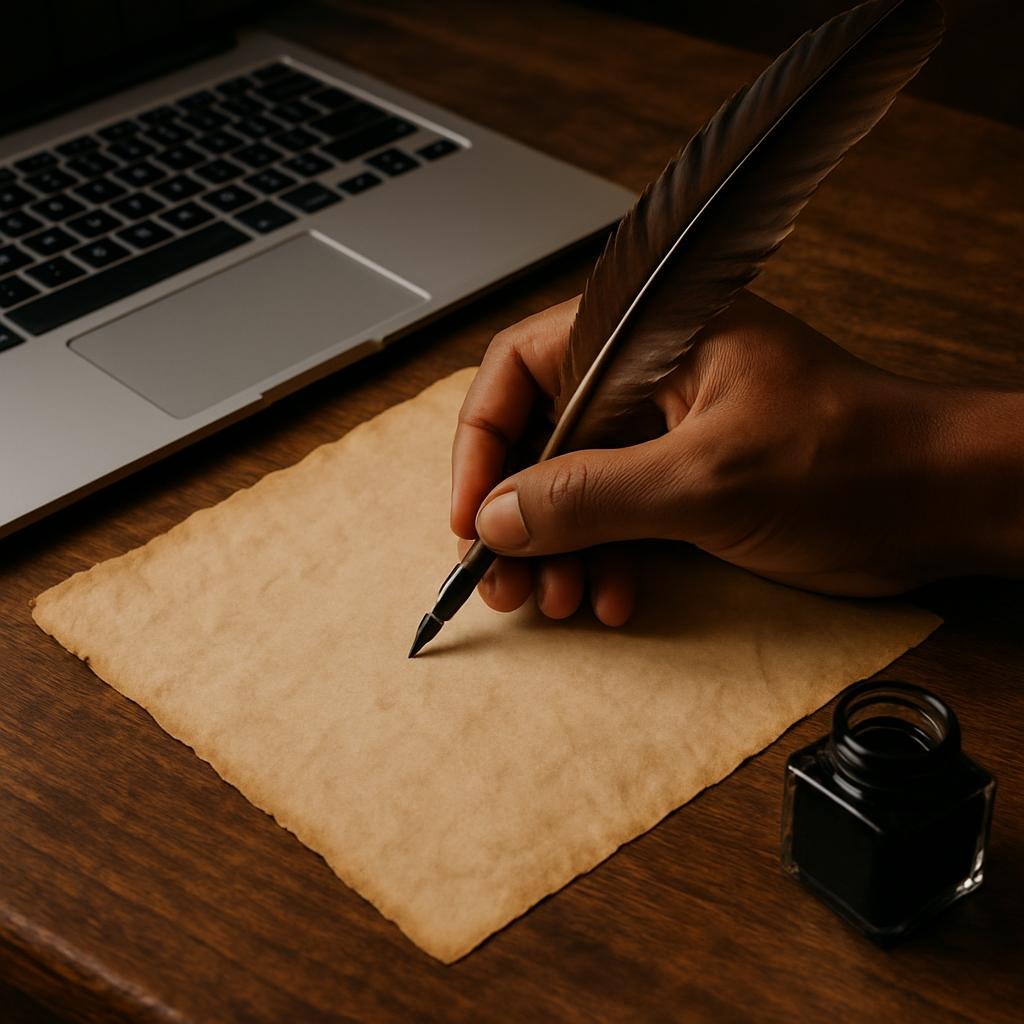 Imagem de uma mão de uma pessoa parda escrevendo com uma pena em um papel envelhecido sobre uma mesa com um notebook